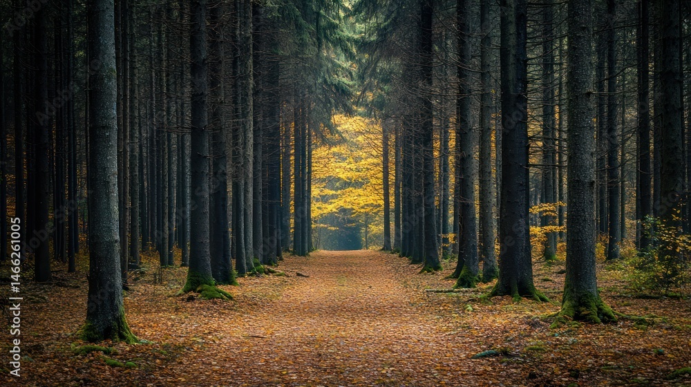Fototapeta premium Autumnal forest path featuring contrasting trees and the tranquility of nature