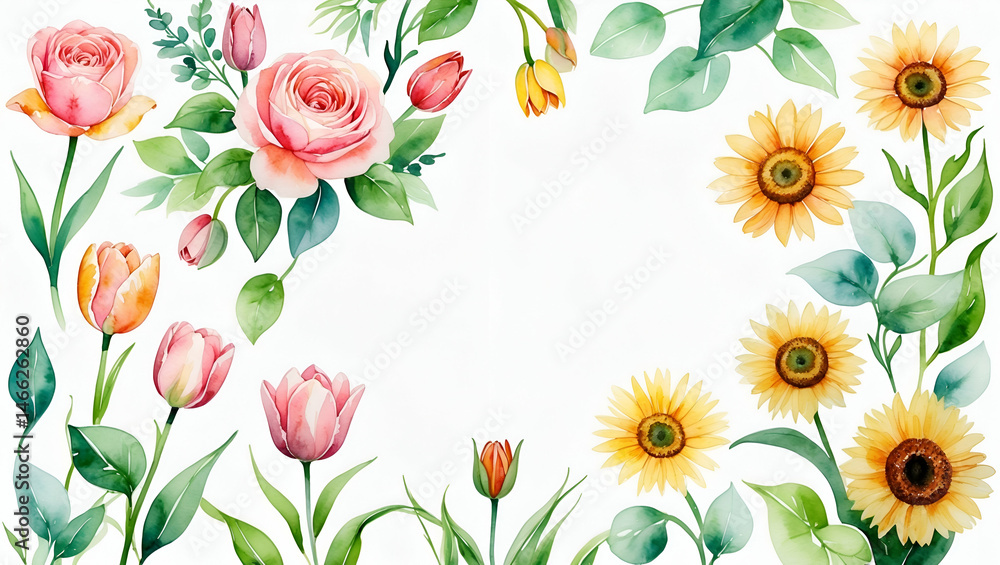 custom made wallpaper toronto digitalWatercolor flower frame with roses tulips and sunflowers on white background