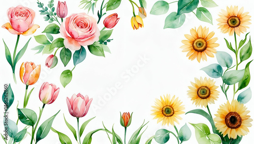 Wallpaper Mural Watercolor flower frame with roses tulips and sunflowers on white background Torontodigital.ca