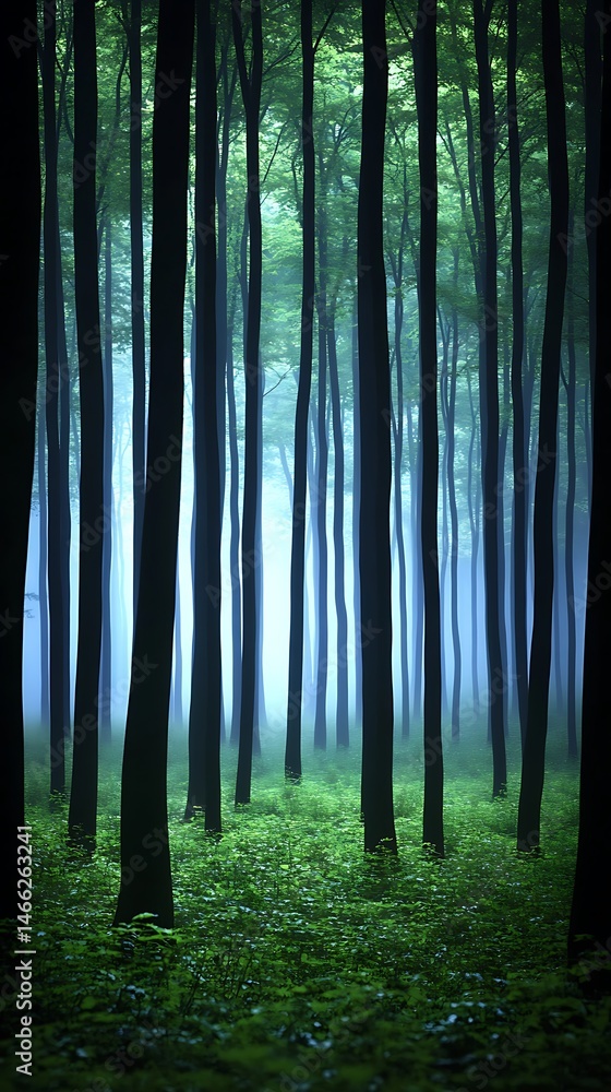 Fototapeta premium Serene Foggy Forest Mystical Trees and Lush Green Undergrowth A Picturesque Nature Scene
