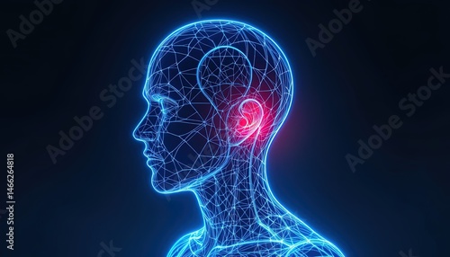 Digital representation of a head highlighting a specific ear area.