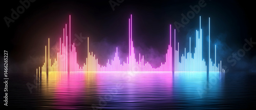 Neon City Skyline Reflection In Water