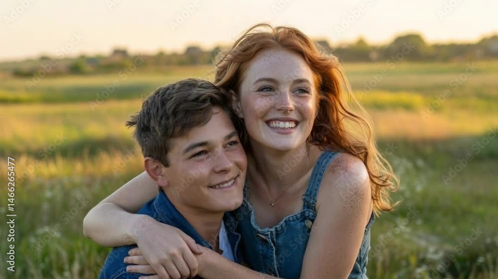 Smiling, Happy Couple Hugging Outdoors During Golden Hour Smiling, Happy Couple Hugging Outdoors During Golden Hour