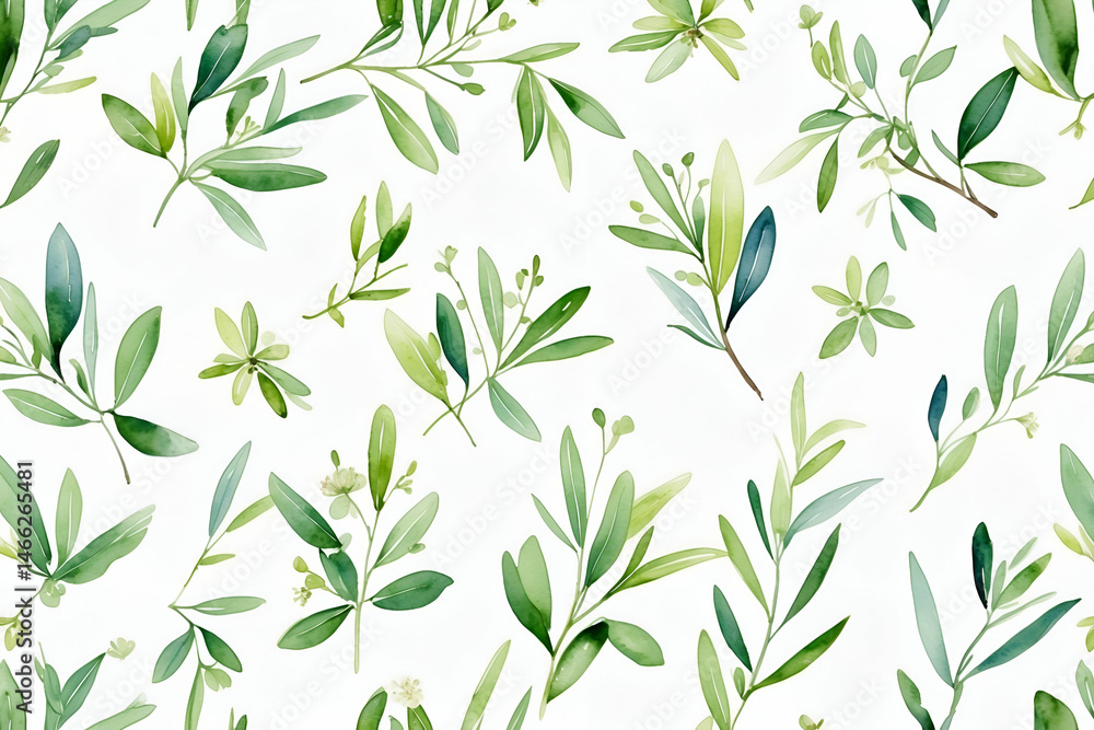 Fototapeta premium Watercolor green leaves seamless pattern on white background nature illustration