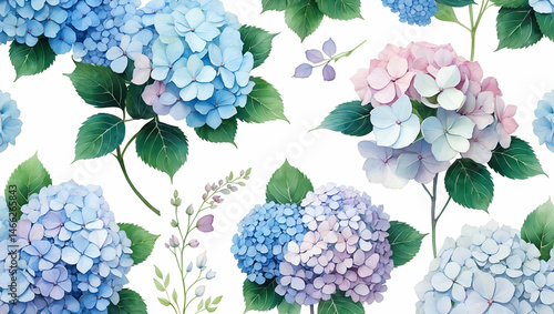 Watercolor hydrangea floral pattern seamless botanical design blue pink flowers