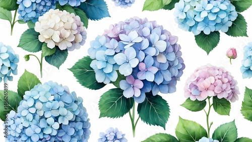Watercolor hydrangea flower seamless pattern in blue pink and white tones