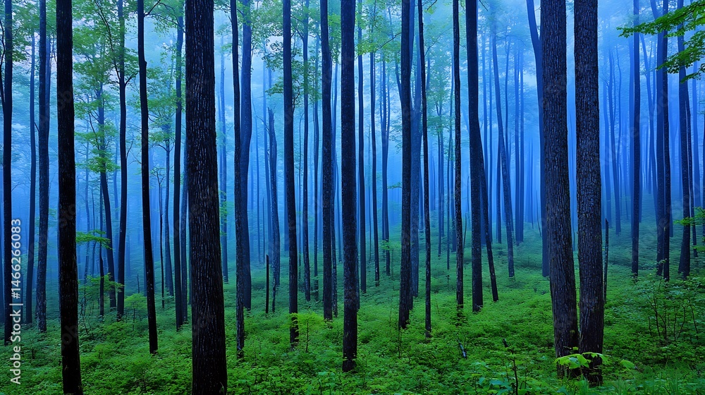 Fototapeta premium Serene Blue Forest Misty Morning in a Lush Green Woodland Tall Trees Stand in a Foggy Atmosphere