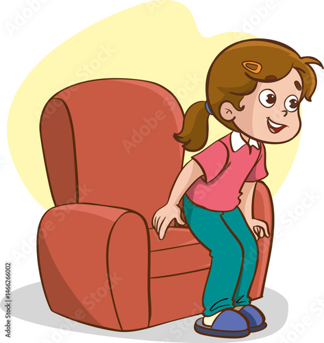 cute kid sitting or standing up on the chair vector illustration