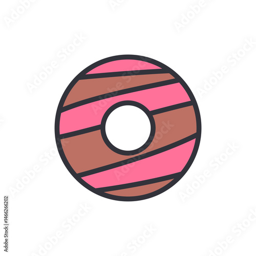A delightful donut illustration with pink and brown stripes against black