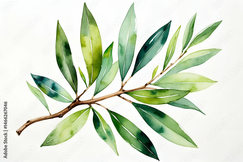 Obraz premium Watercolor illustration of olive branch with green leaves and brown stem isolated
