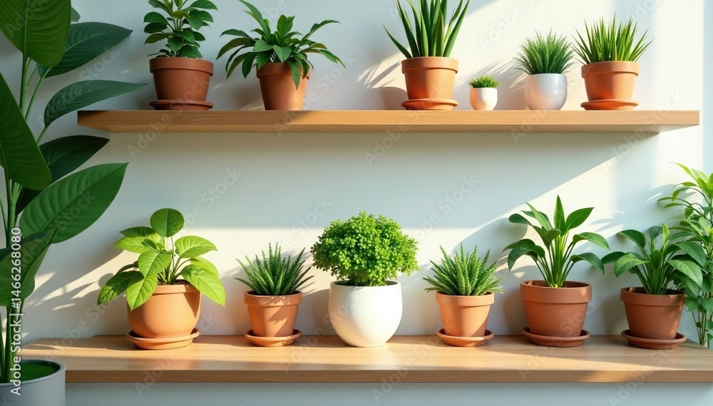 Variety of potted plants arranged on shelves in a bright space , shelf, green, growing plants Variety of potted plants arranged on shelves in a bright space , shelf, green, growing plants