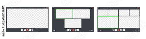Videocall Interface. Online business webinar chat. Set of User video call windows. Virtual meeting space. Application for communication. Flat Vector illustration.