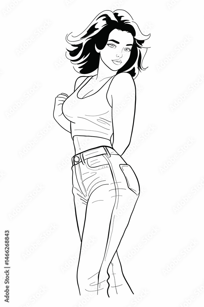 Young woman with short brunette hair in a white sleeveless tank top and blue denim jeans standing casually, looking over her shoulder with a thoughtful expression. Modern and stylish full body.