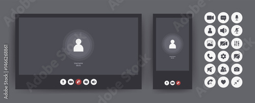 Videocall Interface template. Video conference mockup for laptop and mobile application with chat buttons. Vector Illustration in flat style.