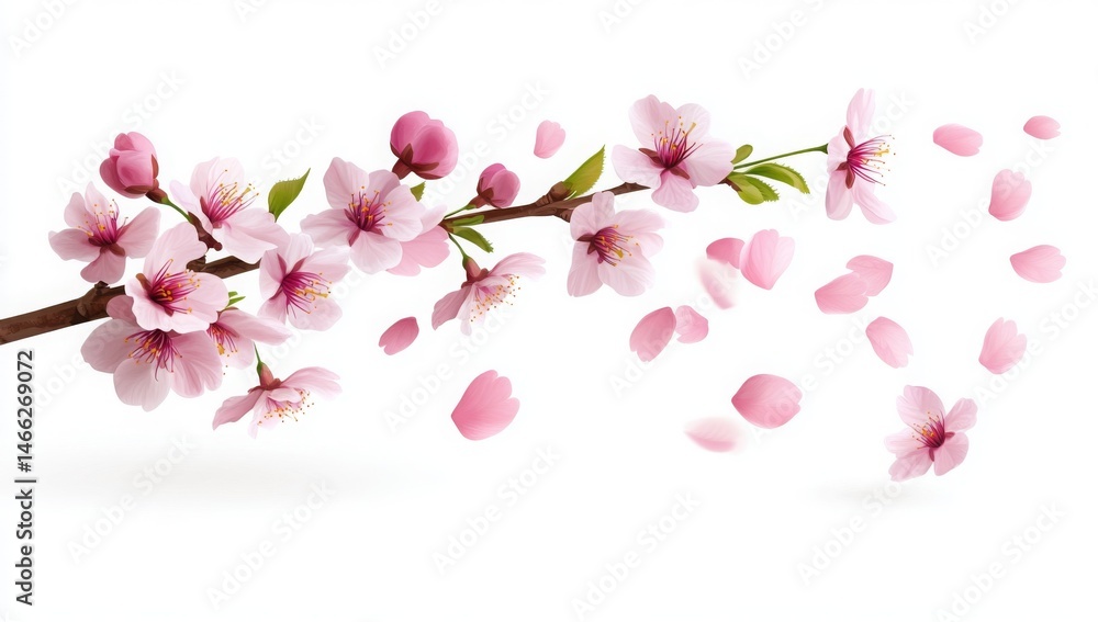 Naklejka premium Cherry blossom petals flying, isolated on a white background