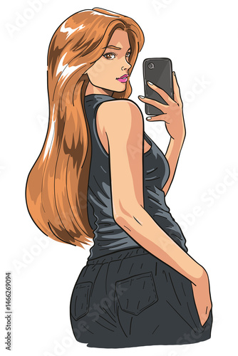 Young woman with long brown hair takes a selfie with her phone. Cartoon illustration of a stylish female character in a black tank top and jeans. Pretty girl taking a self-portrait.