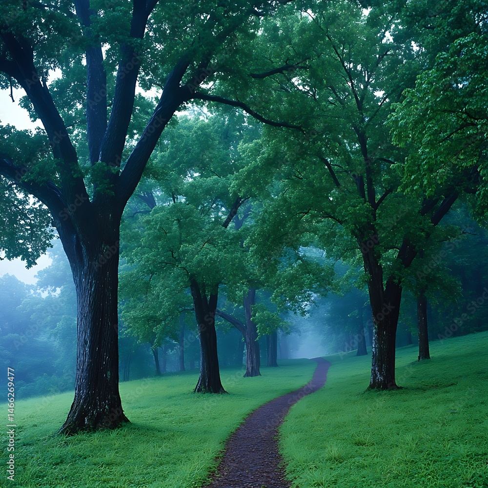 Obraz premium Serene morning mist shrouds a tranquil path winding through a lush green park with majestic trees