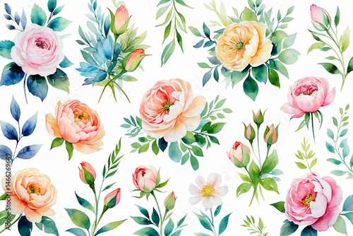 Wallpaper Mural Watercolor roses and floral elements on white background detailed illustration Torontodigital.ca