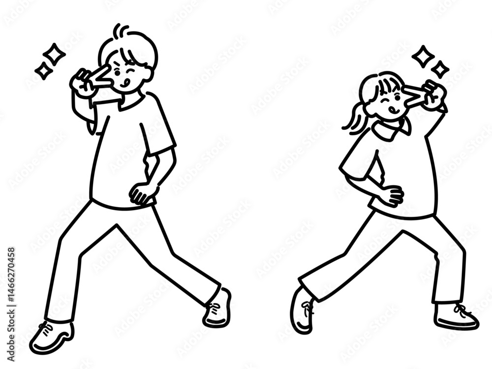ピースと決めポーズの医師と看護師のイラスト 線画のみ ピースと決めポーズの医師と看護師のイラスト 線画のみ