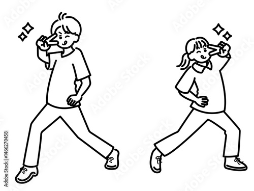 ピースと決めポーズの医師と看護師のイラスト　線画のみ