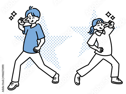 ピースと決めポーズの医師と看護師のイラスト