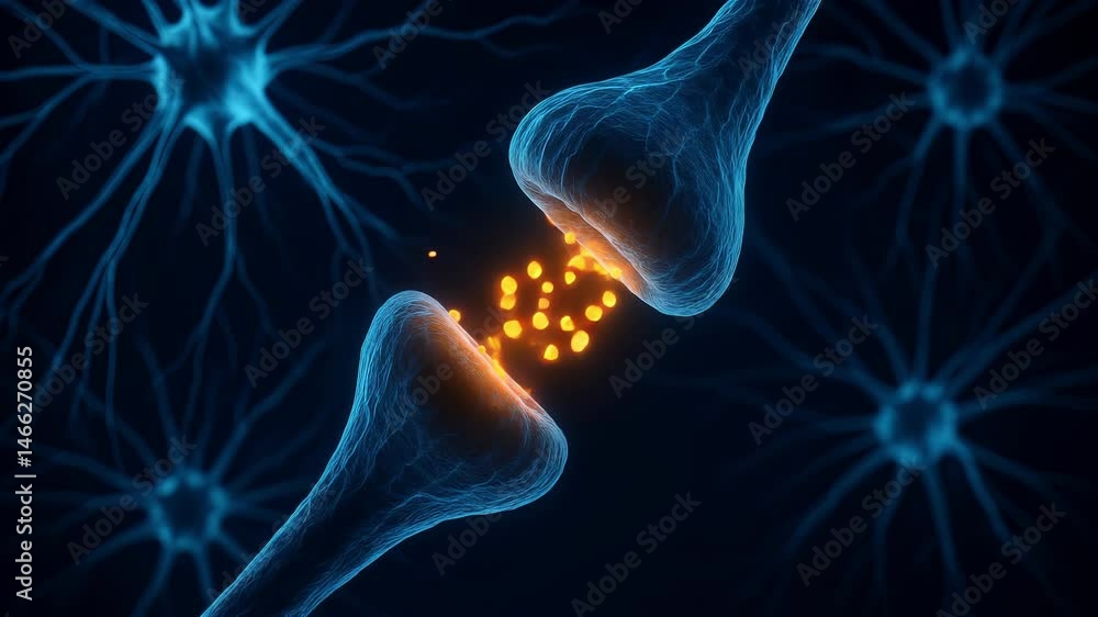 Secretion of acetylcholine moving between the dendrites receptors of activated neurons with orange glowing neurotransmitters in blue neural network background
Secretion of acetylcholine moving between the dendrites receptors of activated neurons with orange glowing neurotransmitters in blue neural network background
