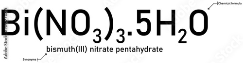 Bismuth(III) nitrate pentahydrate chemical formula and synonyms with callout titles