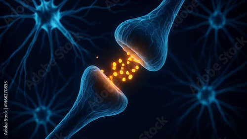 Secretion of acetylcholine moving between the dendrites receptors of activated neurons with orange glowing neurotransmitters in blue neural network background 
