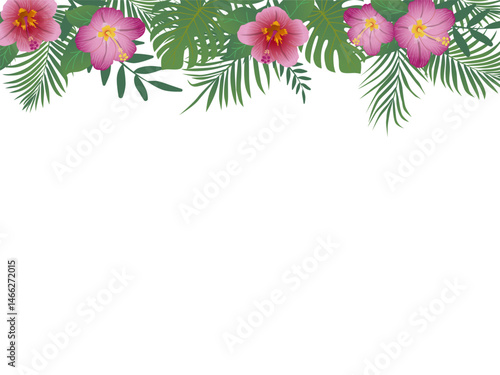 Top border of tropical greenery and bright hibiscus flowers. Tropical leaves frame. Vector illustration design. Hand drawn