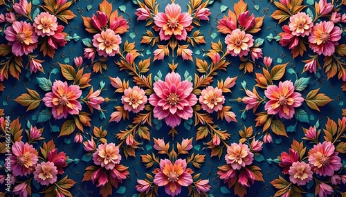 Symmetrical floral motifs within diamond shapes, creating tessellation, pattern, leaf