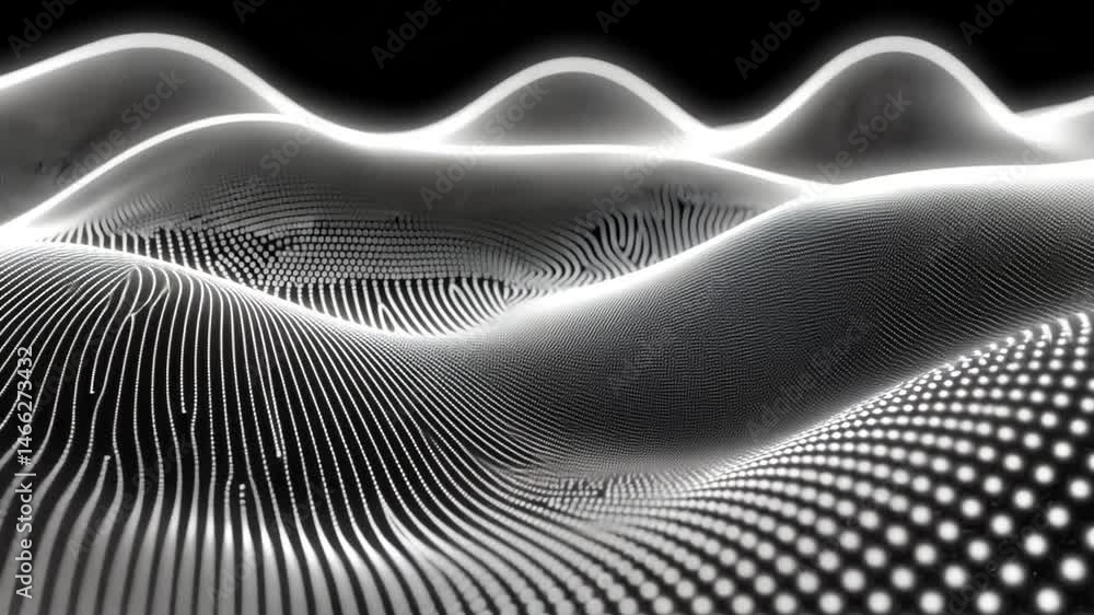 Dynamic white waves abstract background animation with glowing particles movement