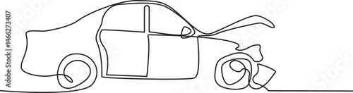 continuous line drawing of accident car. one line drawing of car damaged as a result of collision. single line vector illustration of vehicle insurance. isolated white background, vector illustration