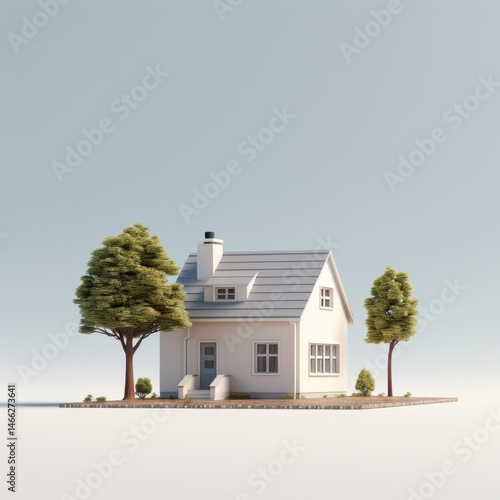 Small House with White Backdrop in 3D Render