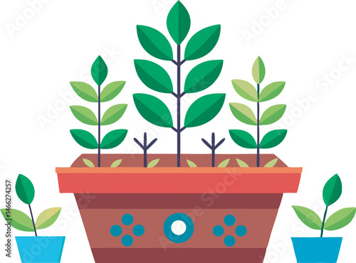 A detailed vector art illustration of a seed planter machine, showcasing agricultural equipment planting seeds in neat rows across fertile farmland.