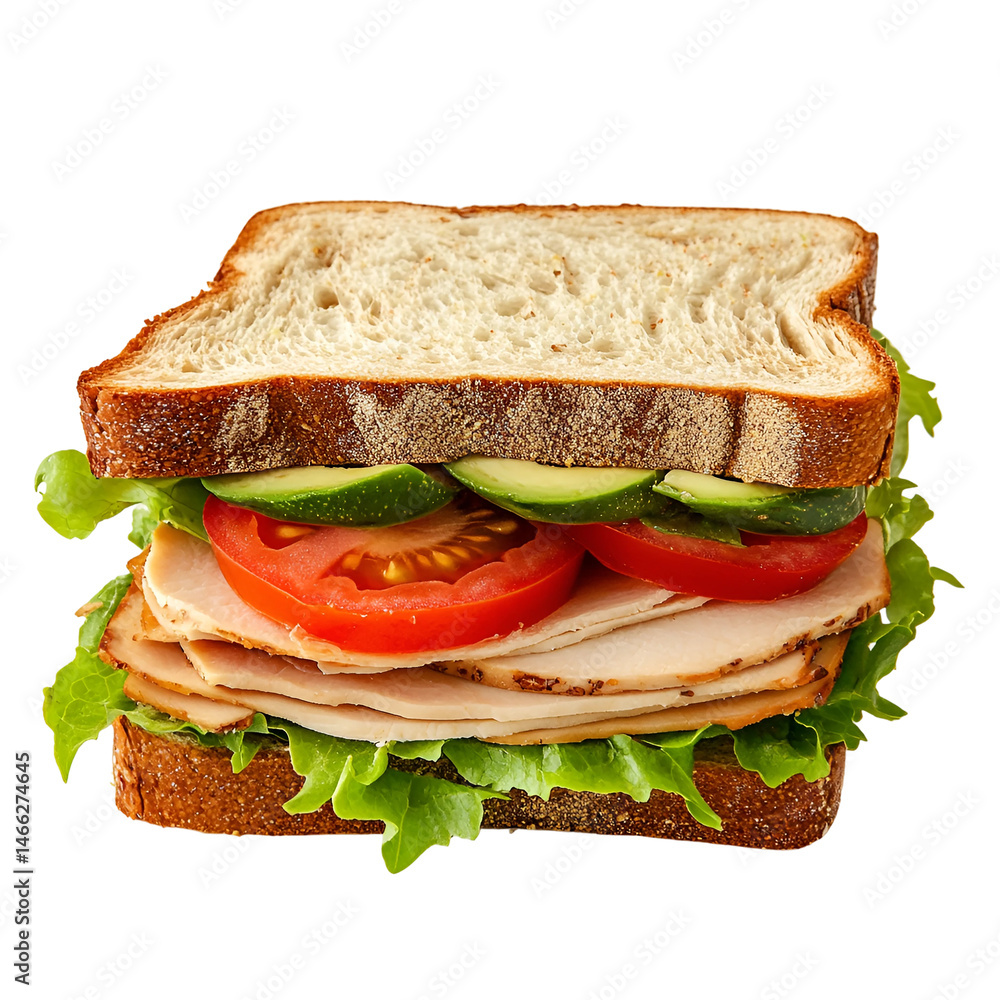 Delicious sandwich with turkey, lettuce, and tomato isolated on transparent background Delicious sandwich with turkey, lettuce, and tomato isolated on transparent background
