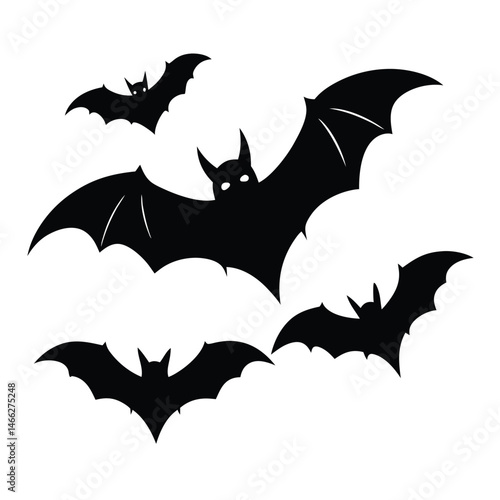 Flying black bats silhouette design on white background