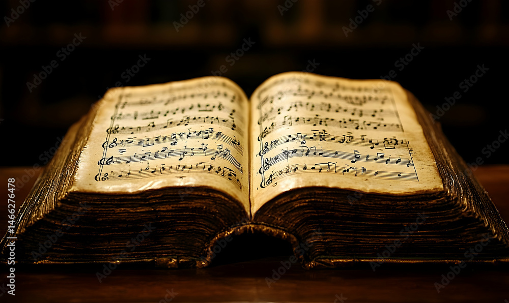 Fototapeta premium Antique book open pages warm light dark background