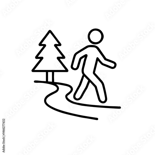 Hiking outline icon with person walking in nature