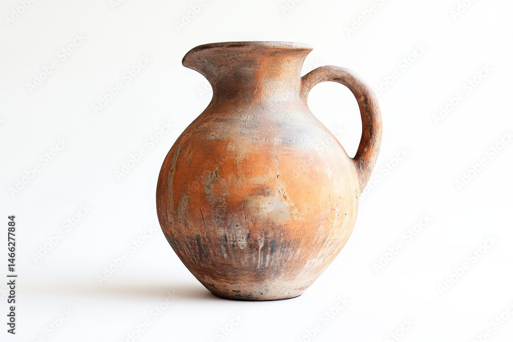 Earthenware jug with handle and spout sits against a plain backdrop Earthenware jug with handle and spout sits against a plain backdrop