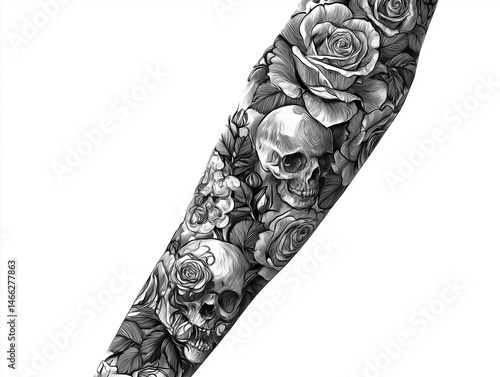 Sketch of a sleeve tattoo with floral skulls and roses, black and white on white background, no arm or hand