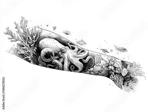
Sketch of a sleeve tattoo with ocean creatures: octopus, jellyfish, and coral, fine lines on white background, no arm or hand