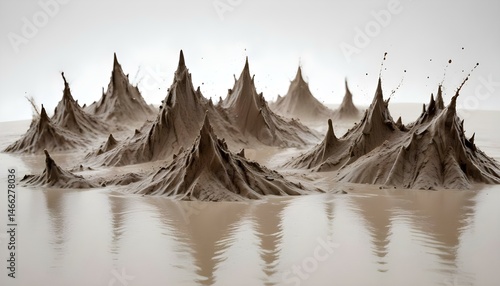 Spiky mud formations erupt from a watery surface, creating an intriguing, abstract landscape.