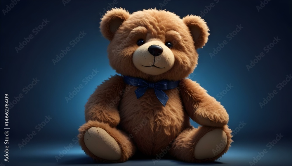 A cuddly brown teddy bear, adorned with a blue ribbon, sitting on a blue surface. A cuddly brown teddy bear, adorned with a blue ribbon, sitting on a blue surface.