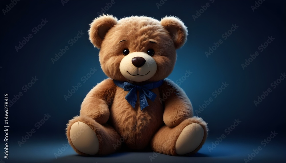 A delightful brown teddy bear with a blue bow tie sits patiently on a blue background. A delightful brown teddy bear with a blue bow tie sits patiently on a blue background.