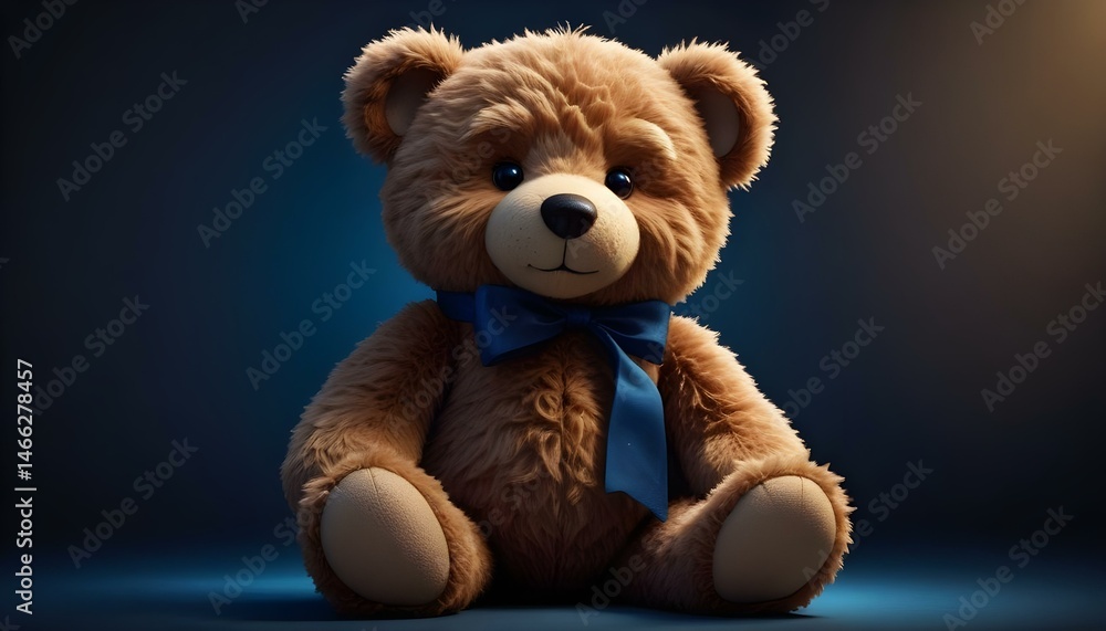 A cute, brown teddy bear with a blue bow tie poses on a dark, moody background. A cute, brown teddy bear with a blue bow tie poses on a dark, moody background.