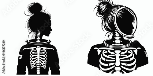 Female Skeleton with Messy Bun Astronaut. Clipart silhouette vector illustration. Spacewoman bony physique untidy chignon celestial explorer cosmic journey.