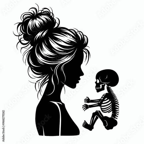 Female Skeleton with Messy Bun Baby. Clipart silhouette vector illustration. Woman bony figure untidy chignon holding infant remains gothic theme.