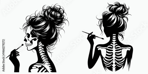 Female Skeleton with Messy Bun Artist. Clipart silhouette vector illustration. Woman bony figure chignon creator innovative artwork concept.