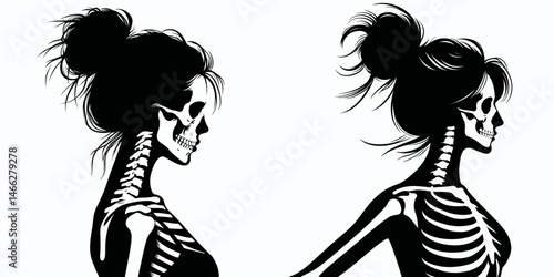 Female Skeleton with Messy Bun Ballerina. Clipart silhouette vector illustration. Woman bony figure dancer disheveled knot hairstyle rhythmic mover.
