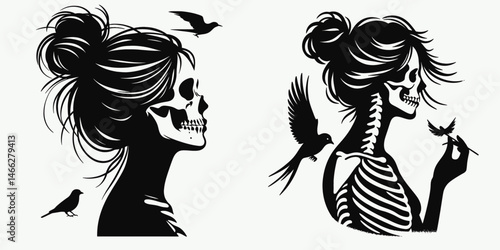 Female Skeleton with Messy Bun Bird Watching. Clipart silhouette vector illustration. Woman cranium disheveled coil ornithology observation.